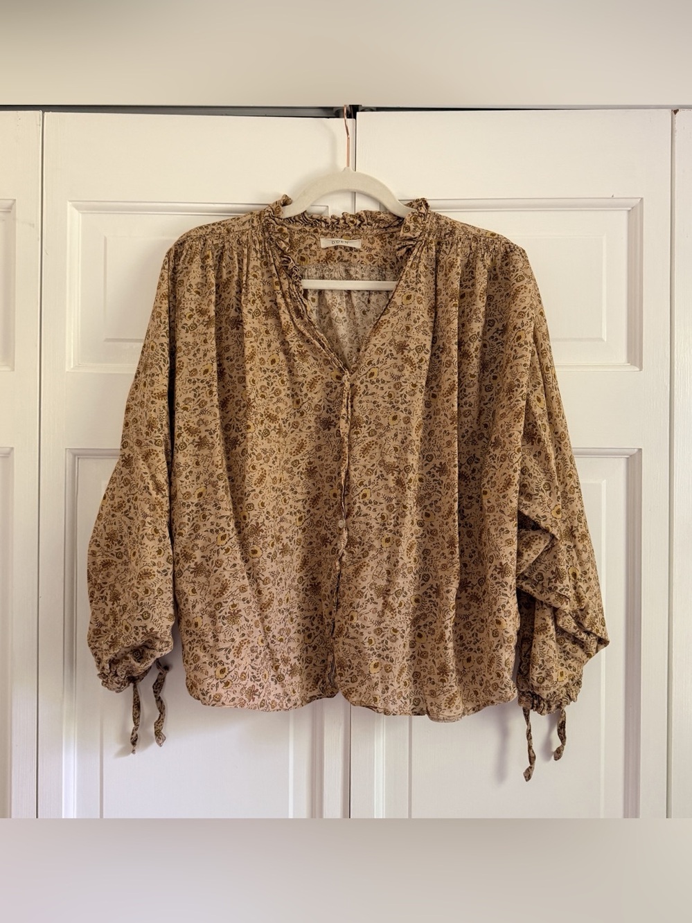 DÔEN Floral Ruffle Neck Oversized Blouse Romantic Boho L